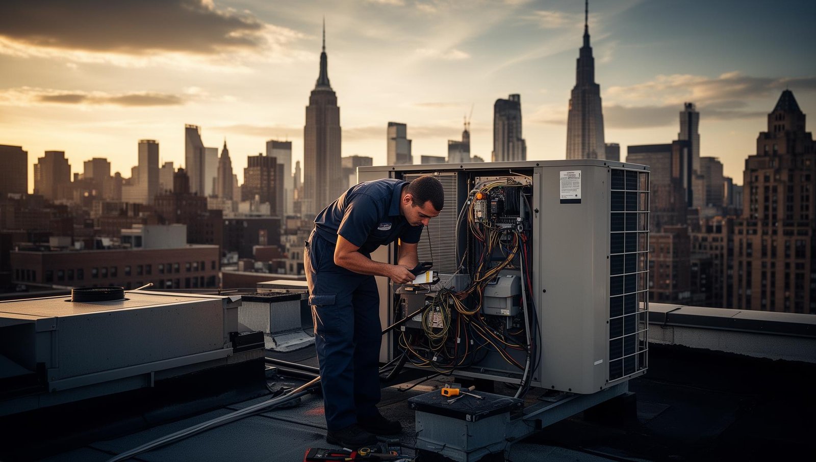 HVAC technician servicing industrial air conditioning on a New York City rooftop